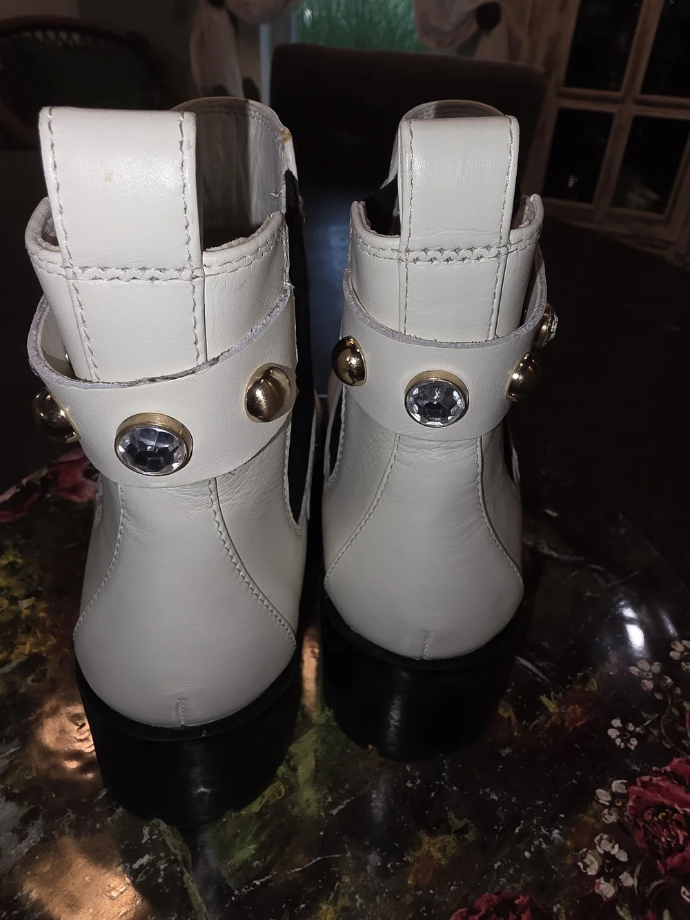 Karl Lagerfeld White Chelsea Ankle Boots with Gold & Crystal Accents
